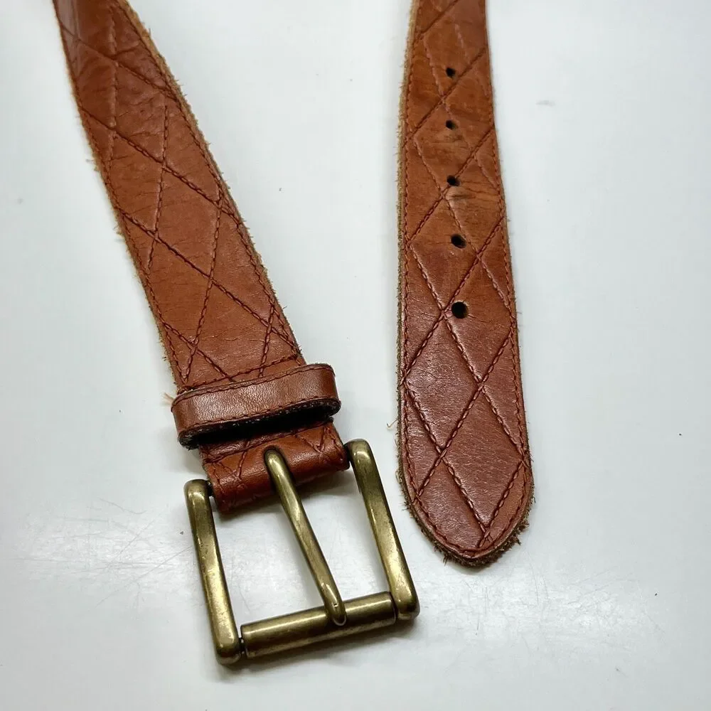 Vtg Tan Brown Leather Belt Mens Womens Size 32 S Quilted Brass Distressed Taiwan